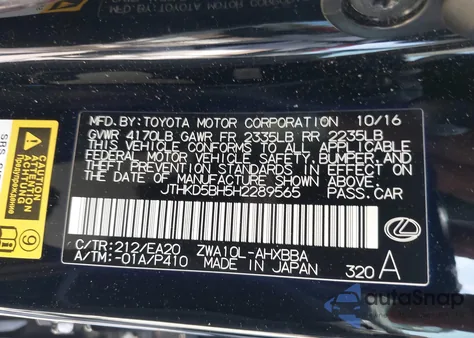 2017 Lexus Ct Ct 200H F Sport from USA, damaged, VIN JTHKD5BH5H2289565
